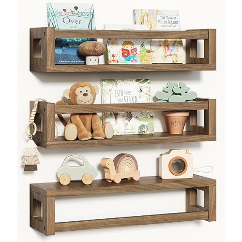 Upgraded Thick Floating Shelves, Solid Wood Bookshelf for Wall, Floating Book Shelves Use as Wall Shelves for Bedroom, Kids Room, Nursery, Books, Spice Rack & Decor – Dark Walnut Brown