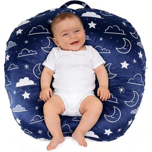 Newborn Lounger Cover - Hypoallergenic Minky Fitted Cover for Boppy Lounger Pillow - Stain-Resistant & Soft Baby Lounger Replacement Cover (Navy Blue, Stars and Clouds)