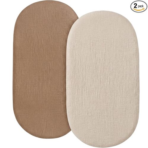 Pro Goleem Muslin Bassinet Sheets, 100% Cotton Breathable Soft Fitted Baby Pad Protector for Boys Girls, Fit Oval/Hourglass/Rectangular Bassinet Mattress, Neutral, 2 Pack (Brown＆Beige)