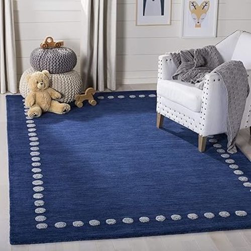 SAFAVIEH Kids Collection Accent Rug - 3' x 5', Navy, Handmade Polka Dot Border Wool, Ideal for High Traffic Areas in Entryway, Living Room, Bedroom (SFK802N)