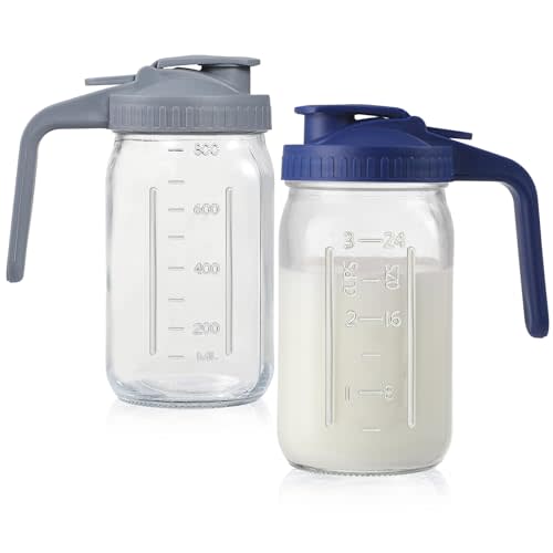 2Pack 32oz Glass Pitcher with Lid, Wide Mouth Storage Container | Double Leakproof Glass Mason Jar Pitcher with Pour Spout Lid, for Breastmilk, Sun Tea, Juice, Cold Brew Coffee, Water