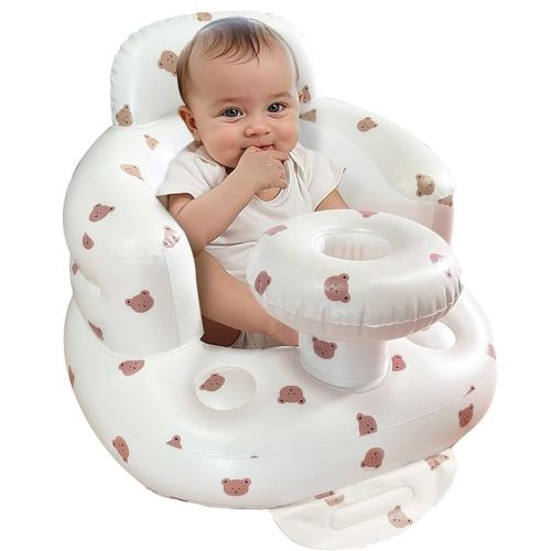 Inflatable Floor Baby Seat with Tray, Inflatable Baby Seat for Babies 3 Months & Up, Built in Air Pump Baby Seats for Kids, Blow Up Baby Chair with Back Support (Bear)