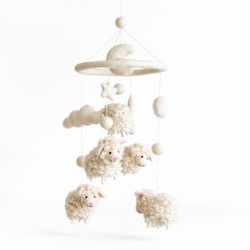 Handmade Felt Counting Sheep Nursery Mobile, Counting White Sheep Crib Mobile, Boys & Girls Boho Decor, Natural Wool Hanging Mobile, Unique Baby Shower Gift, Fair Trade Handcrafted Nepal (White Sheep)