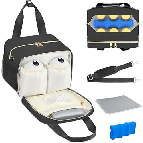 PIIOSER Breastmilk Cooler Bag with Ice Pack, Fits 6 Baby Bottles Up to 9 Ounce, Insulated Bottle Travel Bags with Shoulder Strap-Wearable Breast Pump Carrying Case for Nursing & Working Moms