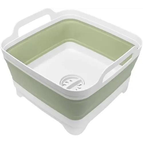 2.4 Gal(9L) Collapsible Dish Basin with Drain Plug, Space Saving Outdoor Multiuse Foldable Sink Tub, Dishpan, Kitchen Storage Tray for Camping, Vegetable Washing, RV (Green)
