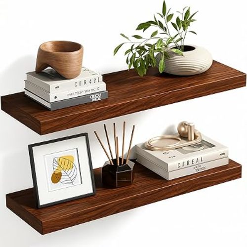 Solid Wood Live Edge Floating Shelves Set of 2 – 24" Rustic Wall Shelf with Hidden Bracket System, Wall Mounted Shelves for Bathroom, Kitchen, Living Room, Bedroom (Espresso)