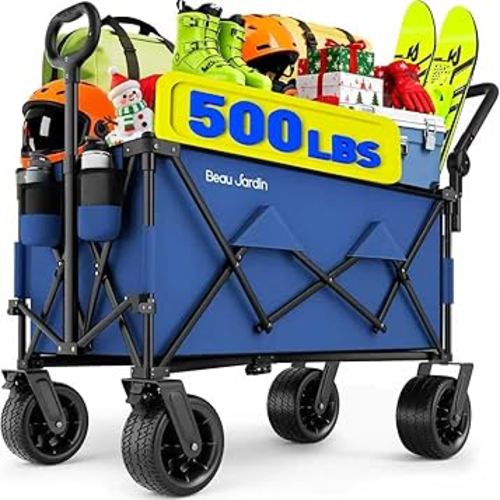 BEAU JARDIN Folding Push & Pull Beach Wagon 500 lbs Collapsible Foldable Wagons with Push Handle All Terrain Wheels Grocery Utility Camping Skiing Ice Fishing Sports Garden Wagon Cart Blue