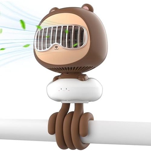 Cute Bear Stroller Fan Clip On for Baby, Portable Bladeless Fans 4 Speeds Oscillating, 4000mAh Rechargeable Battery Powered, Flexible Tripod Strong Cooling for Bedside Crib Car Seat