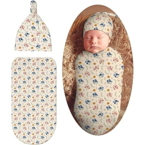 YISHOW Country Flower Swaddle Blanket with Beanie Hat Set Swaddle Wrap