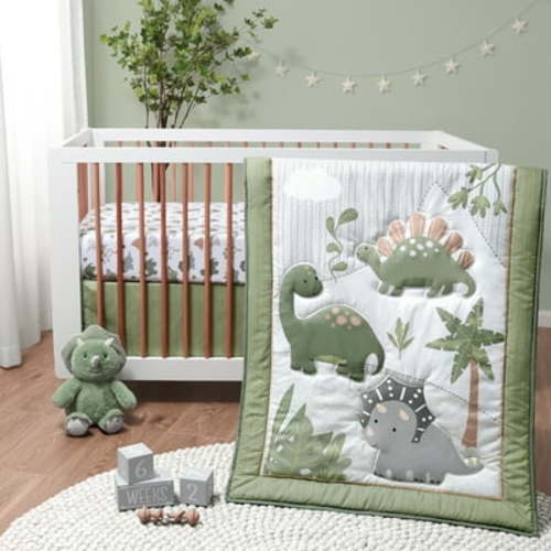 The Peanutshell Green Dinosaur Dreams Crib Bedding Set for Baby Boys, 3 Piece Nursery Set