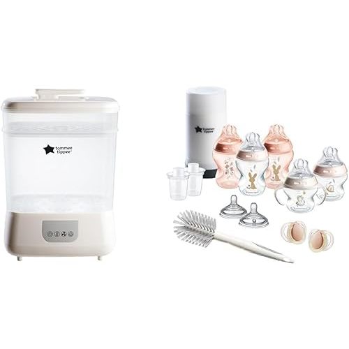 Tommee Tippee Electric Steam Sterilizer and Dryer & Natural Start 14 Piece Baby Bottle, Travel Bottle Warmer & Pacifier Set with Extra Nipples, 2 Formula Dispensers & Bottle Brush, Pink & Clear