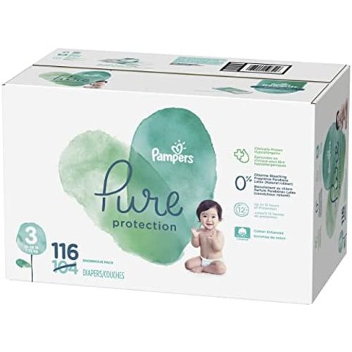 Diapers Size 3, 116 Count - Pampers Pure Protection Disposable Baby Diapers, Hypoallergenic and Unscented Protection, Enormous Pack (Packaging & Prints May Vary)