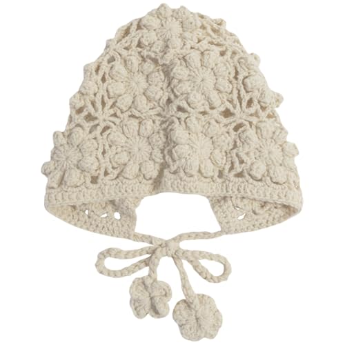 Toddler Girl Beanie Handmade Hollow Crochet Flower Earflap Knit Hats | Baby Girls Knitted Soft Warm Beanie Cap Baby Bonnet with Chin Strap