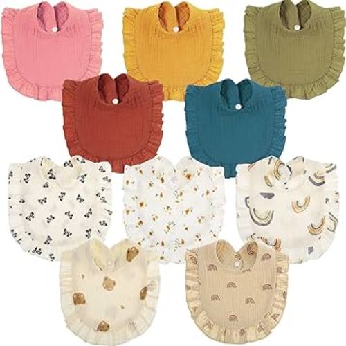 Mepase 10 Pcs Large Muslin Baby Girl Bibs Drool Teething Bibs Lap Shoulder for Boy Girls Teething(Retro Colors)