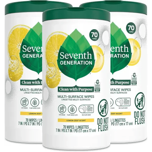 Seventh Generation Multi Surface Wipes, Pack of 3, for all purpose cleaning, lemon zest scent with 100% essential oils and botanical ingredients, 70 ct each