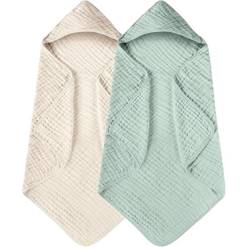 Yoofoss Hooded Baby Towels for Newborn 2 Pack 100% Muslin Organic Cotton Baby Bath Towel with Hood for Babies, Infant, Toddler and Kids, 32x32Inch, Soft and Absorbent Newborn Essential,Apricot&Green