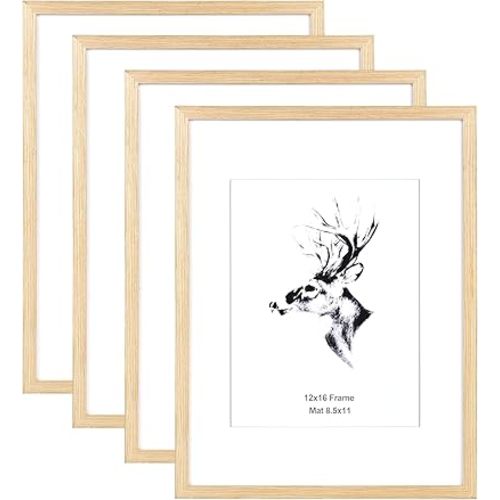 Yaetm 12x16 Picture Frame with Mat for 8.5x11 Set of 4, Natural Solid Oak Wood 12x16 Frame for Gallery Wall and Poster, Wall Mounted (4 pack, Oak)