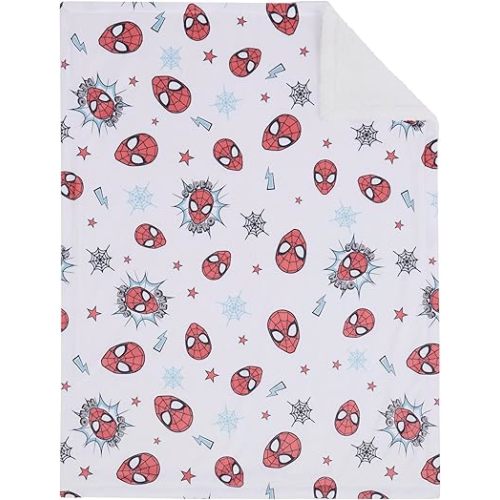 NoJo Marvel Spider-Man Plush Sherpa Baby Blanket, White with Red Pattern, Super Soft Cozy Design, Perfect for Strollers and Travel (Officially Licensed Product)