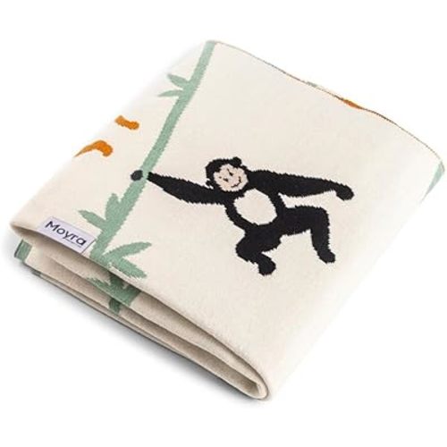 Baby Blanket Knitted Cotton | Soft, Cozy & Breathable Newborn & Infant Blanket | Cute Animal Prints| Lightweight Stroller, Crib, Receiving Blanket (Monkeys)