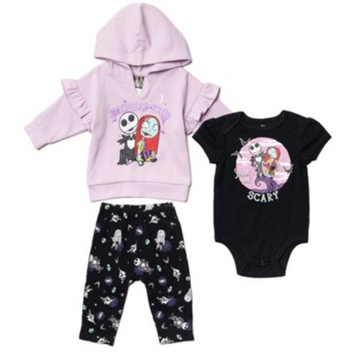 Disney Nightmare Before Christmas Sally Infant Baby Boys or Girls Pullover Hoodie Bodysuit & Pants 3 Pcs Outfit Set Black / Purple 24 Months