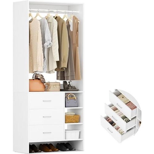 Aheaplus 2.5FT Closet System with 3 Drawers, 29.5’’ Closet Organizer, Wood Closet Organizer System, Walk-in Closet or Small Closets Wardrobe, Clothes Rack with Hanging Rods,-E6, White