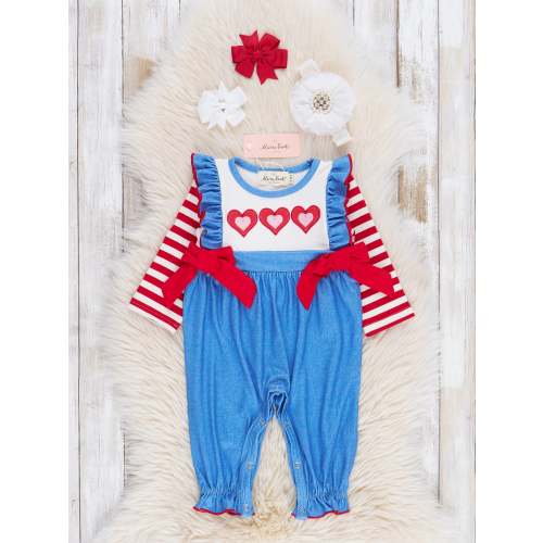 Blue & Red Stripes Embroidered Hearts Ruffle Romper