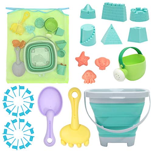 RACPNEL Beach Toys Sand Set for Kids, Collapsible Bucket and Shovels with Mesh Bag, Molds, Flags, Sandbox Kids Toddlers, Travel (Tavel Size)