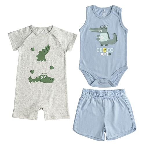 Baby Boy 3-Piece Summer Outfit, 100% Cotton Romper, Sleeveless Bodysuit & Shorts, Breathable Casual Playwear