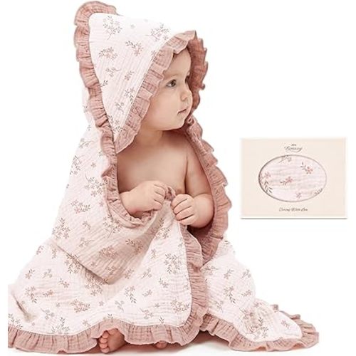 Konssy 100% Muslin Cotton Baby Hooded Towel, Soft Absorbent Bath Towel for Newborns, Infants and Toddlers, Baby Gift and Newborn Essentials with Lace Ruffle Hood