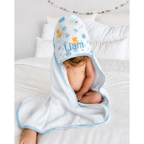 Embroidered Bamboo Hooded Towel in Bubble Duckies Blue | Caden Lane