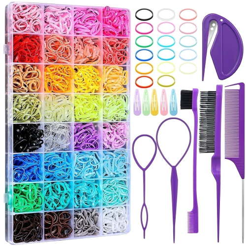 Livhil 32 Colors Hair Rubber Bands with Tail Hair Tools and Hair Clips, 2016 Pcs Elastic Small Hair Ties, Hair Accessories