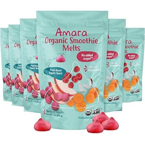 Amara Smoothie Melts - Carrot Raspberry - Baby Snacks Made With Fruits and Vegetables - Healthy Toddler Snacks For Your Kids Lunch Box - Organic Plant Based Yogurt Melts - 6 Resealable Bags