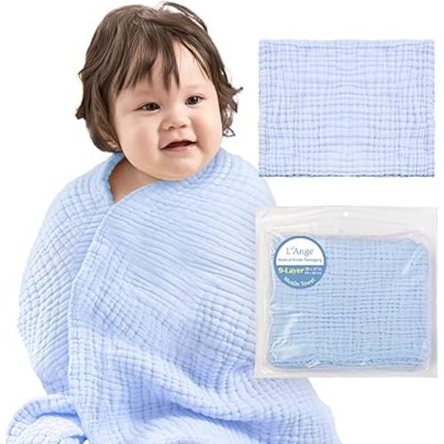 L'Ange Baby Bath Towel - 9 Layers 100% Cotton Muslin, Super Quick Dry, Medical Grade Packaging for Infants and Newborns - 28 x 47in - Blue