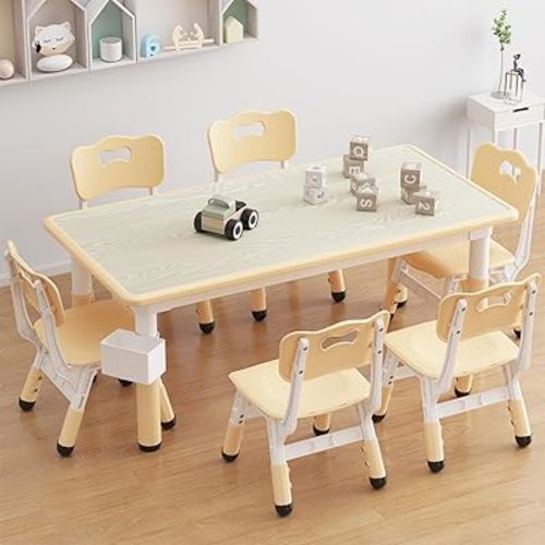 IDEALHOUSE Kids Table and 6 Chairs Set, 47" l x 24" w Height Adjustable Toddler Activity Table with Storage Boxes & 12 Water Pens, Wipe-Clean Wood Grain Desktop for Home Classroom Daycare Natural