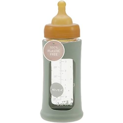 HEVEA Plastic-Free Wide Neck Glass Baby Bottle with Seafoam Blue Sleeve - Medium Flow Anti Colic Baby Bottles 3-24 Months - BPA-Free, Single-Pack (8.5 Oz)