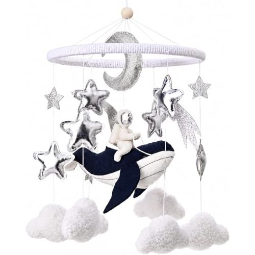 Space Crib Mobile for Baby Boys, Handmade Felt Astronaut & Whale Baby Mobile for Bassinet, Starry Night Nursery Decor, Newborn Baby Shower Registry Gift