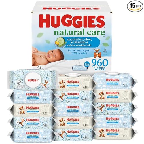Huggies Natural Care Cucumber, Aloe and Vitamin E Baby Wipes, Hypoallergenic, Scented, 15 Flip-Top Packs (960 Wipes Total), Packaging May Vary