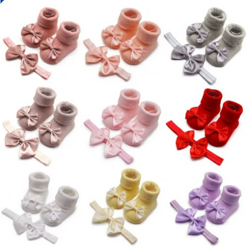 Newborn Baby Girl Toddler Lace Bow Ankle Anti Slip Socks+Hairband,kids Socks Girls 3-12 Months