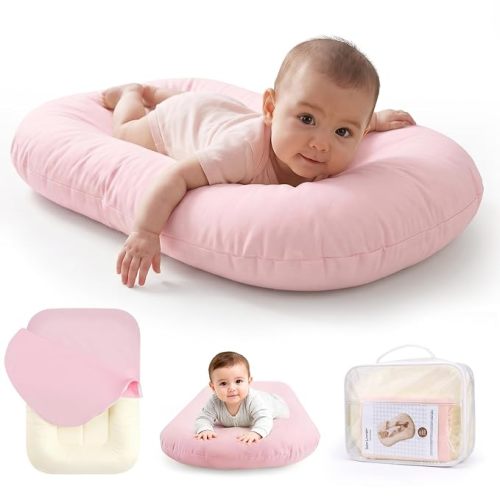 Baby Lounger 0-24 Months, 3.9" Side Bumpers for Roll Prevention + 1.9" Shallow Indent to Reduce Suffocation Risk – Portable Infant Support Cushion, CPSC Certified, Machine Washable (Pink)