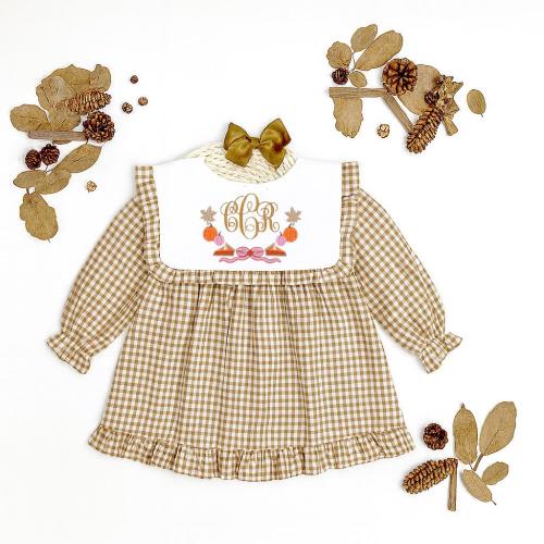 Personalized Embroidered Pumpkin Pie Baby monogrammed Thanksgiving bishop Gingham Bubble Romper or Dress ,Fall Outfit Baby Toddler Girl
