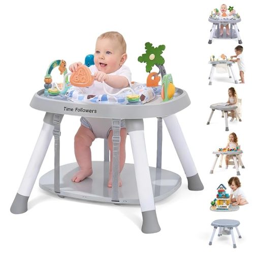 Time Followers® 6-in-1 Baby Activity Center | 4 Stage Montessori-Inspired Toys | Grow Stationary Standing Toddler Table | Jumpers & Bouncers | Must Have for Boy & Girl 6, 12, 24+ Month Old (Beige)