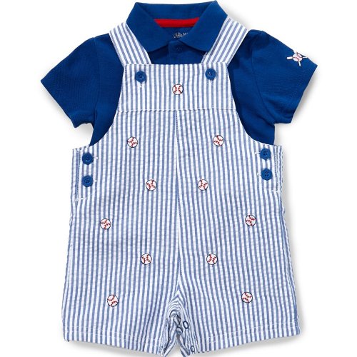 Little Me Baby Boys Cotton Sleeveless Pinstriped/Baseball-Embroidery Overall Jon Jon & Short-Sleeve Solid Polo T-Shirt Set