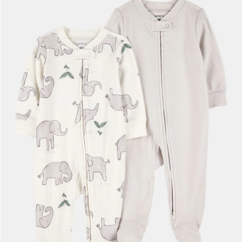 Baby 2-Pack Striped Elephant 2-Way Zip Cotton Sleep & Play Pajamas - Grey | Carter's