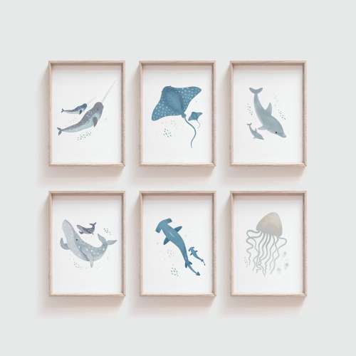 Set of 6 Watercolour Sea Creature Nursery Prints ,Jellyfish Printables, Ocean Wall Art, Under the Sea Theme, Sea Life Art,Nautical Nursery