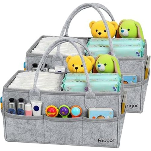 Feagar Baby Diaper Caddy Organizer, 15 Inch Large 2 Pack Set with 8 Pockets & 2 Dividers, Portable Nursery Storage Basket & Car Organizer for Changing Table, Travel (Grey)