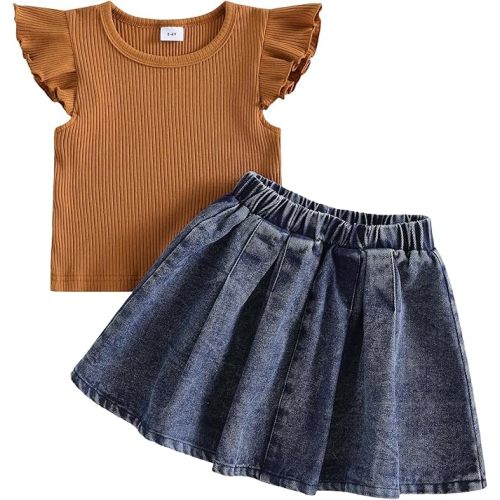fhutpw Baby Toddler Girl Clothes Summer Knited Ruffle Shirt Tops Pleated Denim Skirt Set Kids 2T 3T 4T Outfits