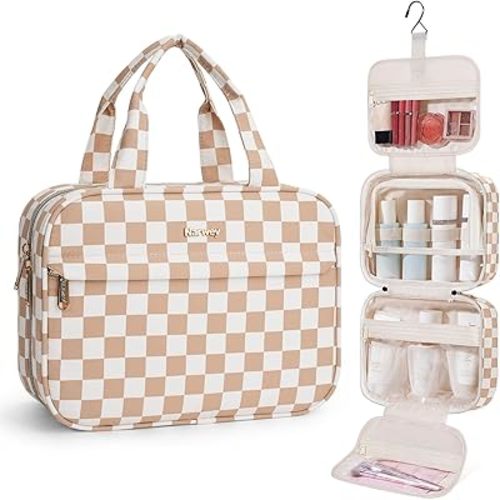Narwey Hanging Toiletry Bag for Women Checkered Travel Makeup Bag Organizer Cosmetic Make up Toiletries Bag for Travel Essentials Accessories (Light Brown Checkerboard, Medium)
