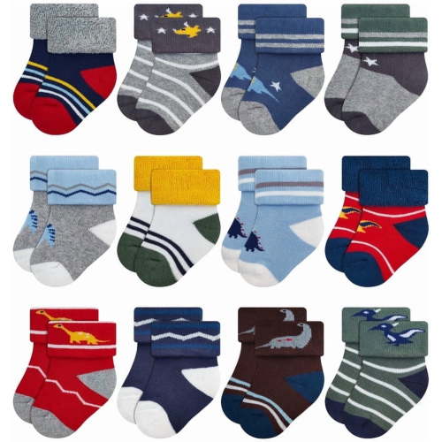 RATIVE Newborn Socks Thick Terry Turn Cuff Socks for Unisex Baby Boys (0-6 months, 12-pairs/B24)