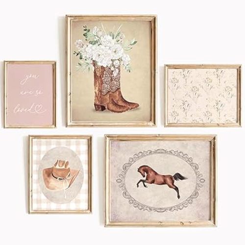 Cowgirl Nursery Wall Art Coquette Western Girl Poster Vintage Horse Floral Canvas Pictures Aesthetic Pink Preppy Room Wall Decor Rustic Cowgirl Prints for Girls Bedroom 8x10x5 Inch Unframed
