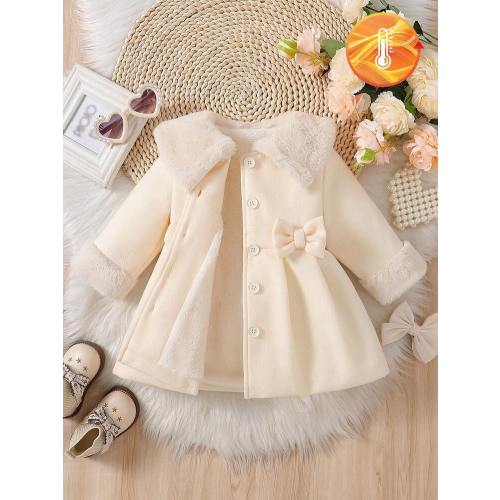 Souflis Souflis Baby Girls' White Winter Elegant Birthday Dress Coat Fluffy Lapel 3D Bow Wool Blend A-Line Jacket Solid Color Long Sleeve Warm Princess Outerwear | SHEIN USA